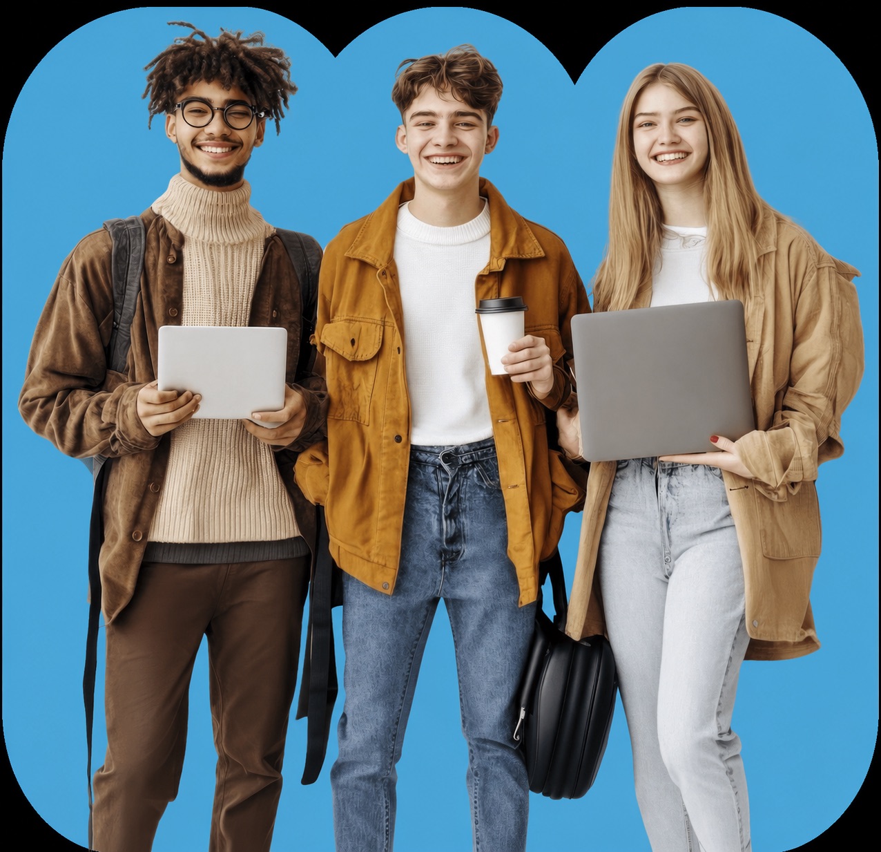 Three students standing together with laptops and notebooks